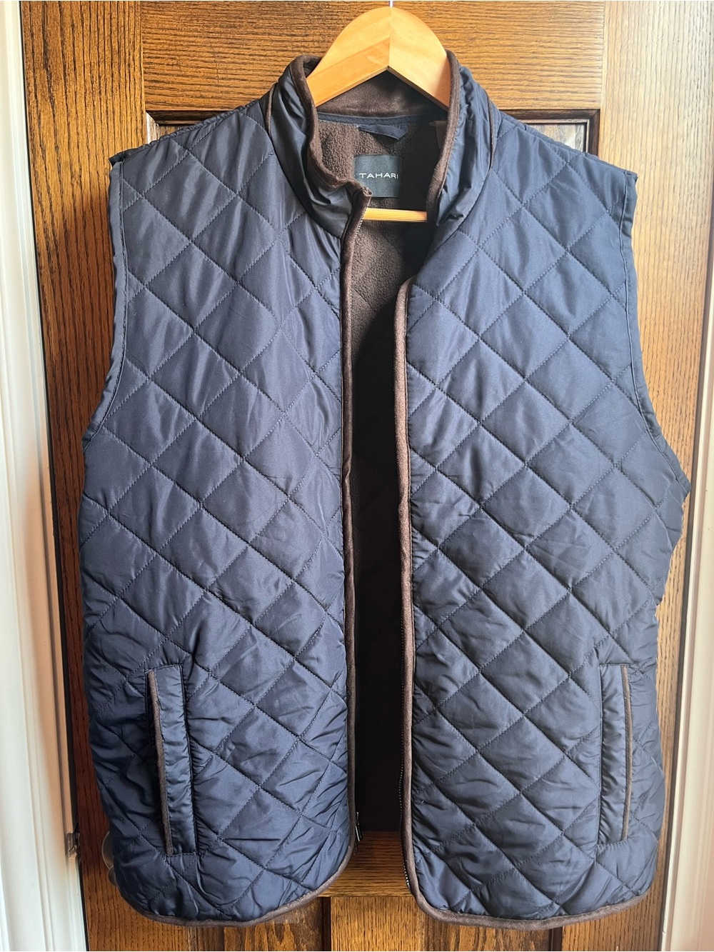 Tahari Quilted Navy Vest with Brown Trim